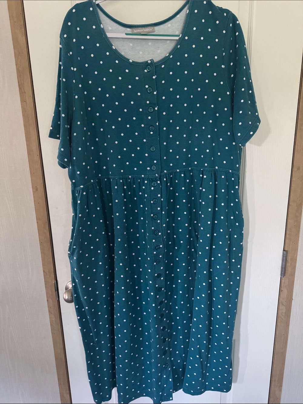 Woman Within Teal and White Polka Dot Midi Dress